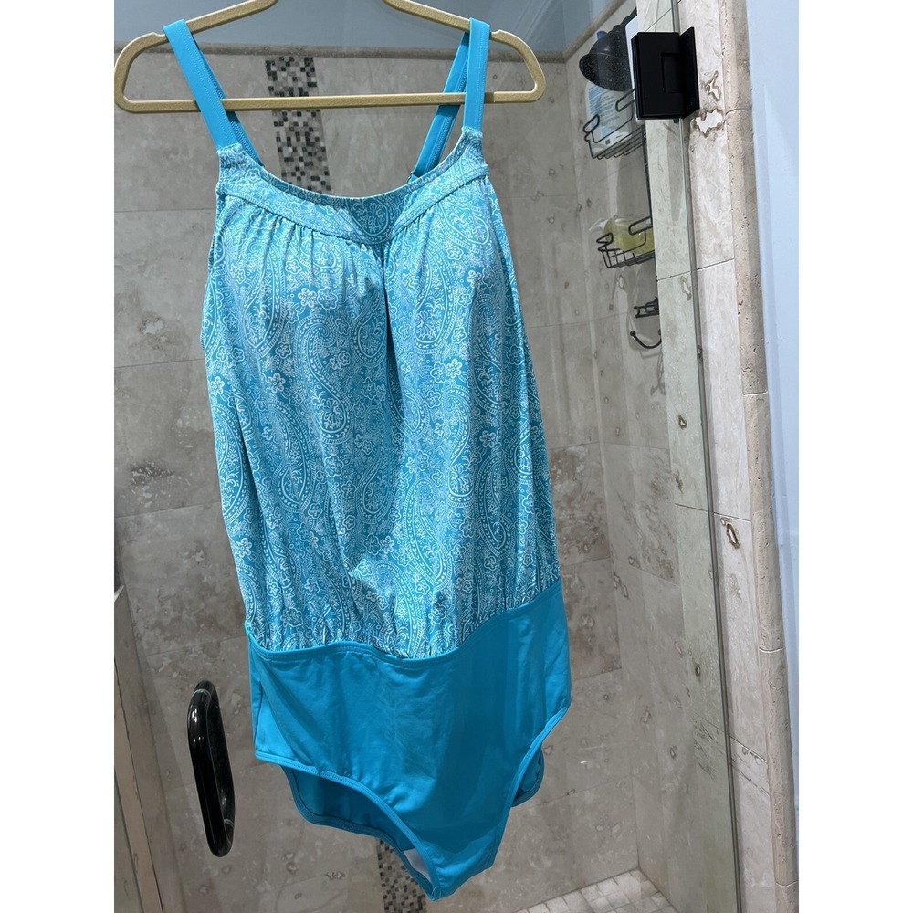 Lands End Floral One Piece Bathing Suit 18W Teal Blue White Paisley Swimsuit